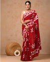 Indiehaat | Pure Mulmul Cotton Saree Red Color handblock printed with Running Blouse