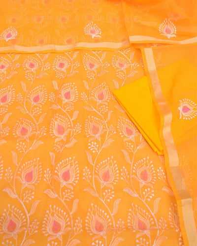 Indiehaat|Kota Doria Embroidered Orange Suits(Top+Bottom+Dupatta)