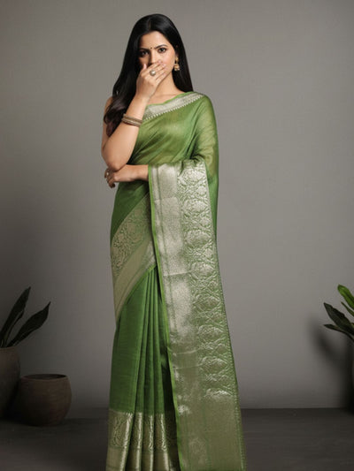 Sparkling Banarasi Silk Linen Green Handloom Saree