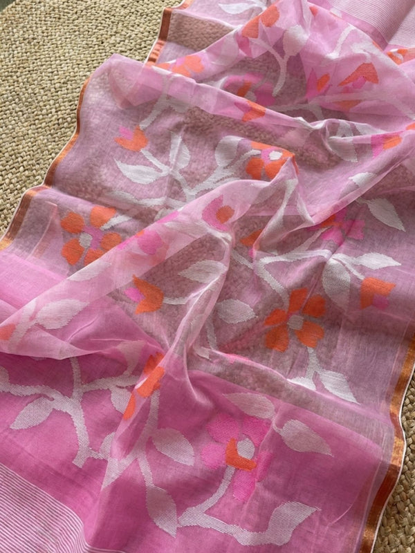 Indiehaat | Pure Muslin Silk Jamdani Saree Pink