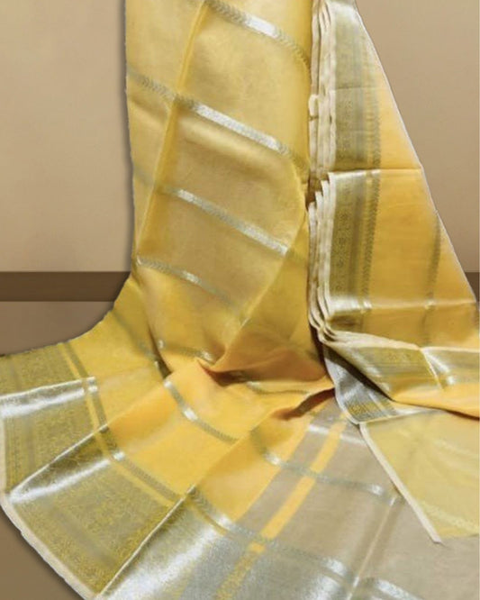 3917-Organza Pure Banarasi Silk Saree With Striped body running blouse Yellow Colour