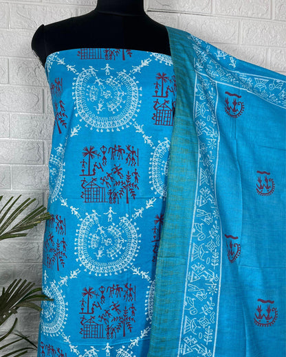 IndieHaat | Katan Silk Blue Suit Printed Top+Bottom+Dupatta Ajrakh Dabu