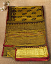 Indiehaat | Ajrakh Blockprint Modal Silk Lagdi Patta Yellow Saree