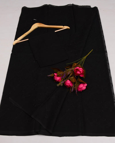 Indiehaat | Pure Cotton Kota Doria Black Saree Embroidered