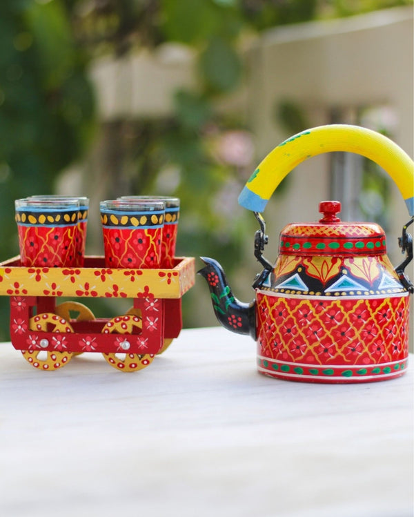 Hand Painted Red Coloured Aluminium Tea Kettle With 6 Glasses And hand-painted-red-coloured-aluminium-tea-kettle-with-6-glasses-and