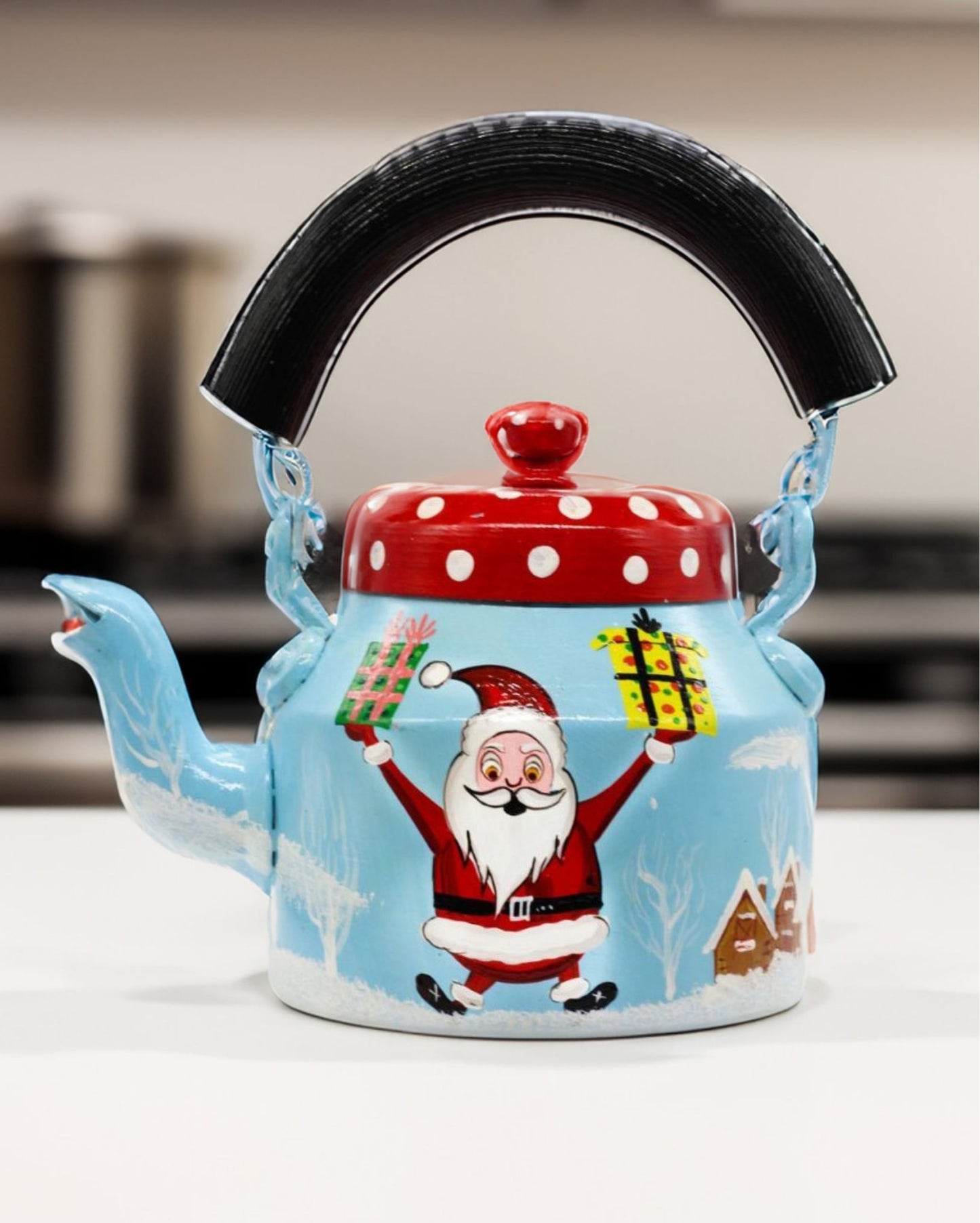 Bold Handpainted Blue Red Metal Kettle