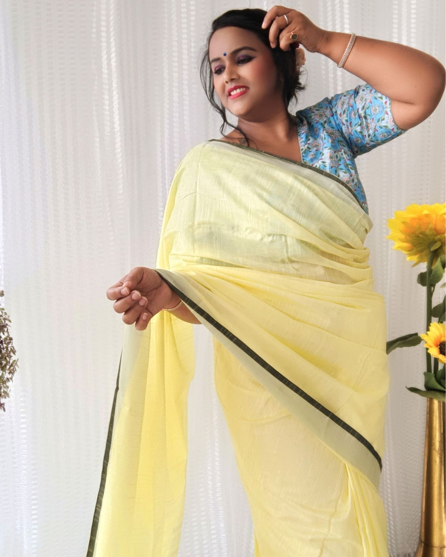 7570-Pure Linen Hand Dyed Yellow Saree with Contrast Blouse