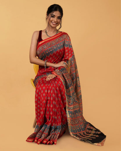 6015-Ajrakh Printed Fire Brick Red Color Chanderi Silk Saree with Running Blouse