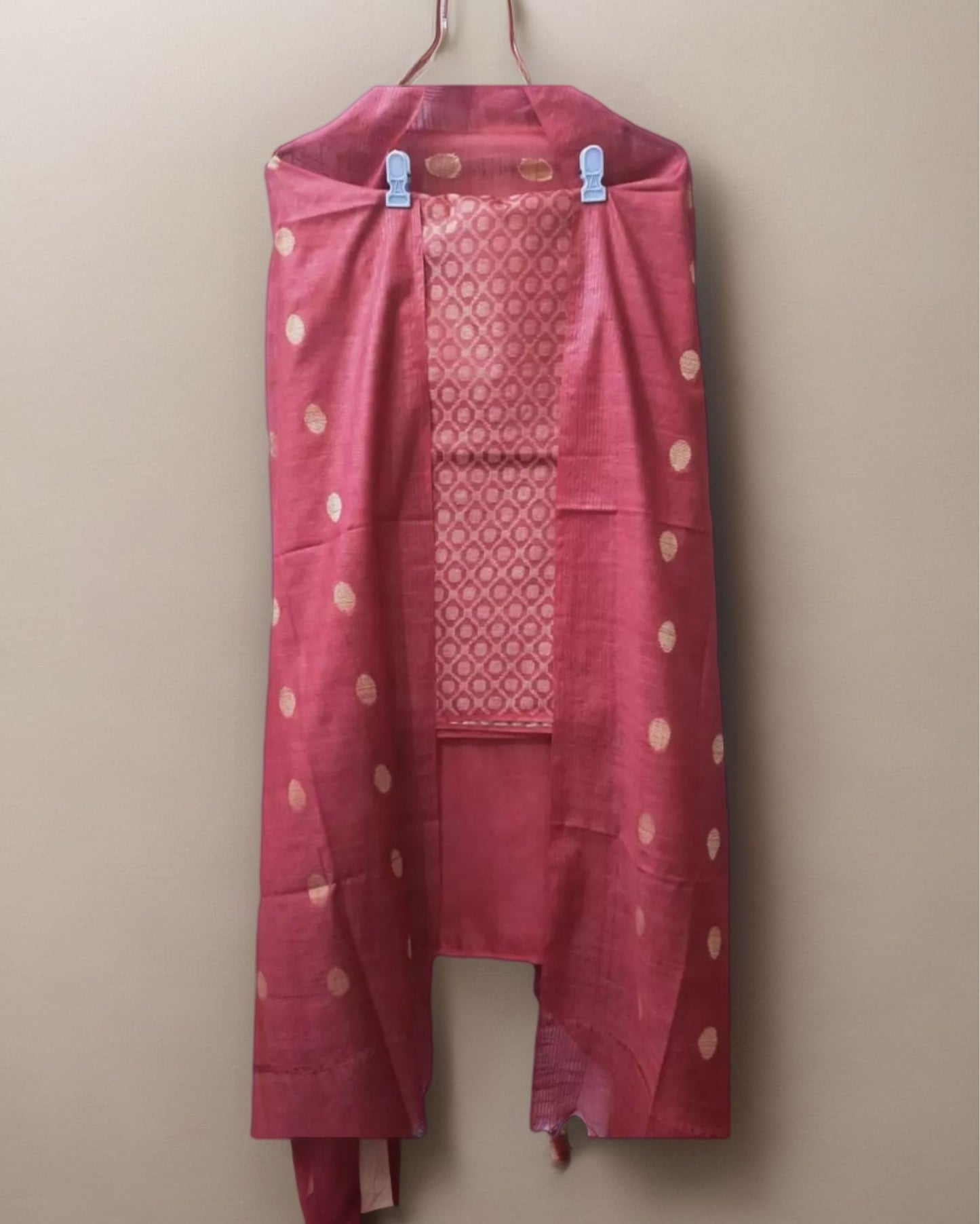 2911-Handcrafted Katan Silk Red Suit Piece with Bottom and Dupatta