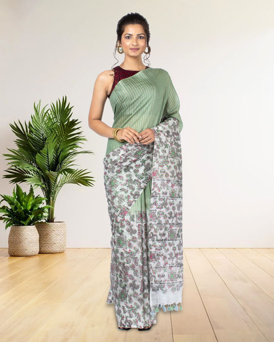 4831-Kota Silk Saree Granny Smith Green Color Body Striped with Sequence Pallu, Half Dye Half Print and Running Blouse