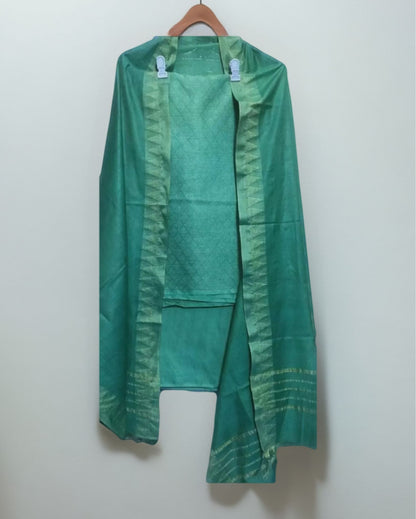 2594-Handcrafted Katan Silk Green Suit Piece with Bottom and Dupatta