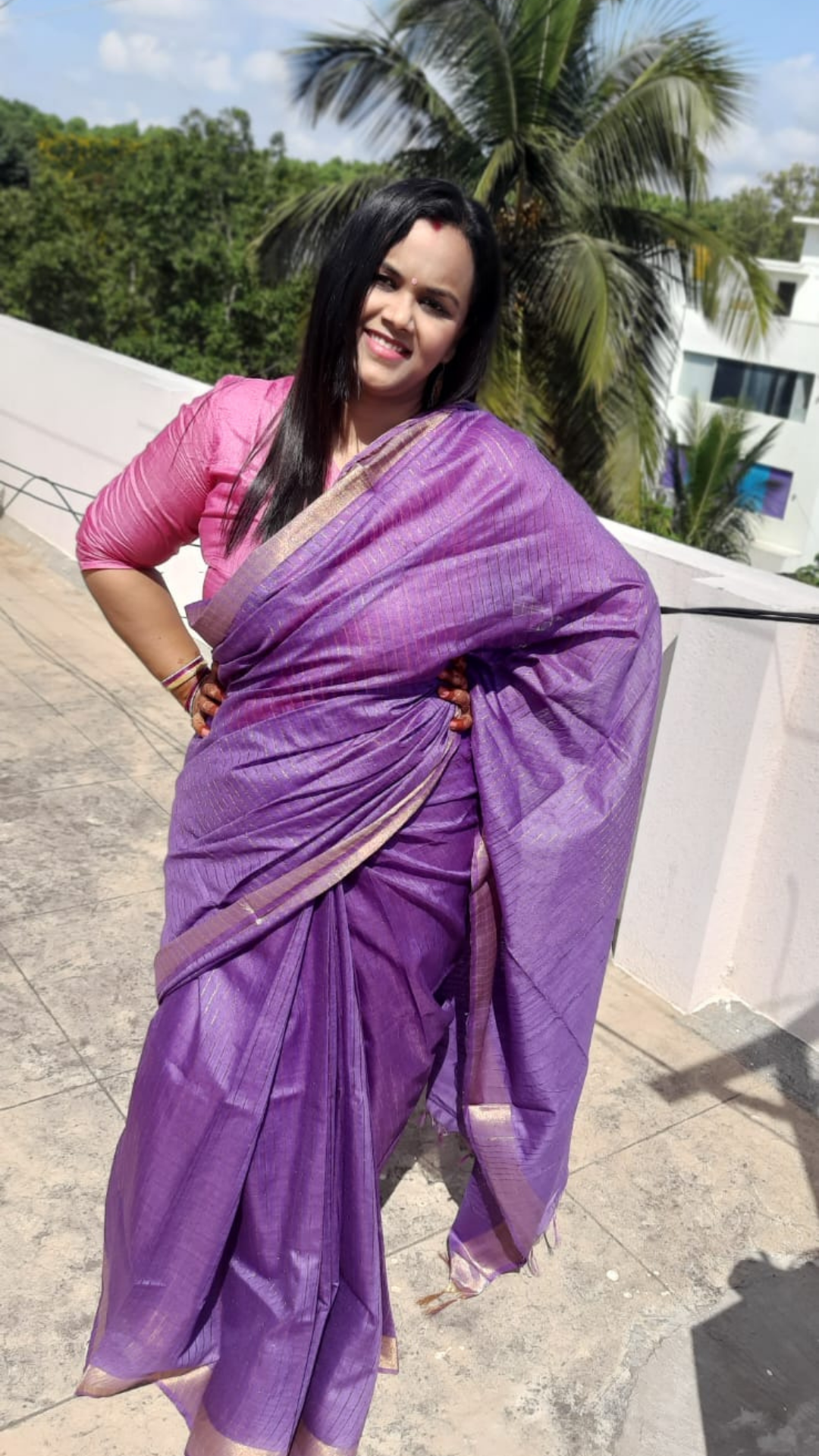 Katan Silk Purple Saree Striped Design with Running Blouse Handcrafted-Indiehaat