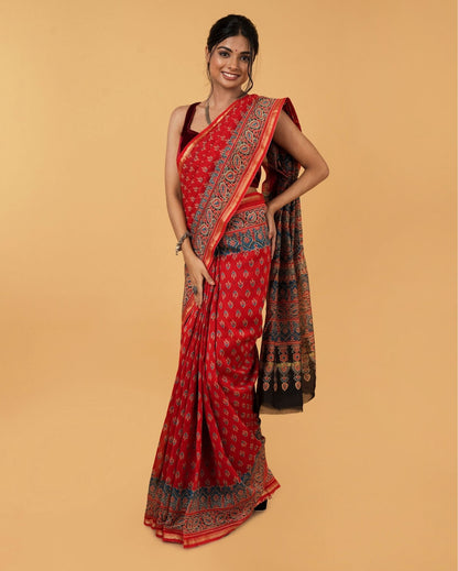 6015-Ajrakh Printed Fire Brick Red Color Chanderi Silk Saree with Running Blouse