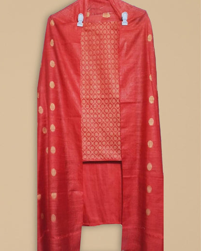 4464-Handcrafted Katan Silk Suit Piece Red Color with Bottom and Dupatta