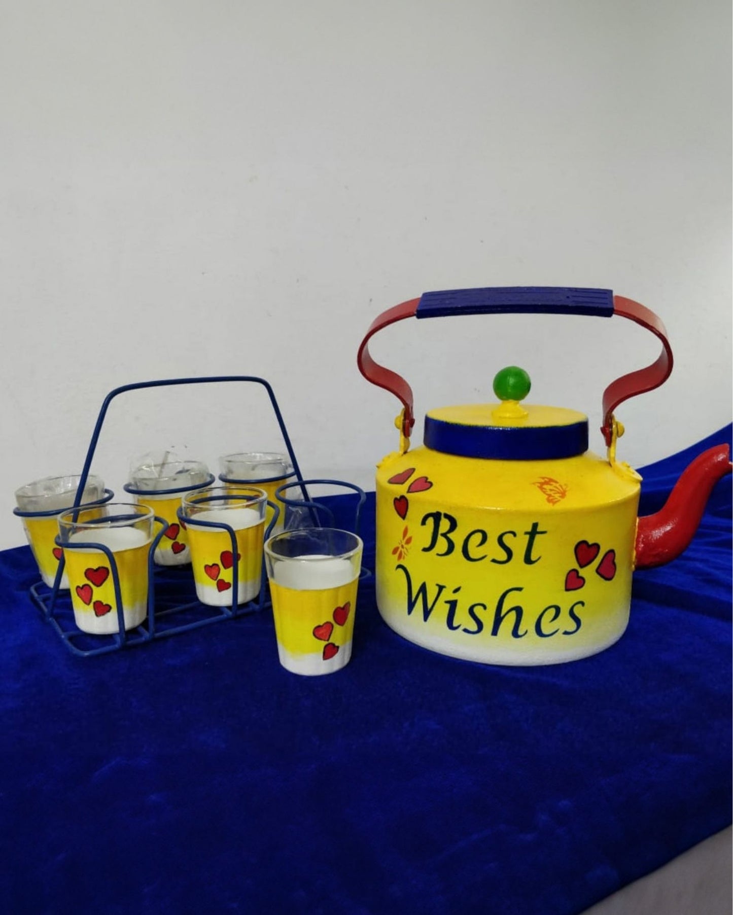 3698-Hand Painted Yellow coloured Aluminium Tea Kettle With 6 Glasses And Metal Stand