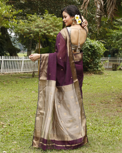 Musky Pure Maheshwari Silk Handloom Saree Wine & Gray