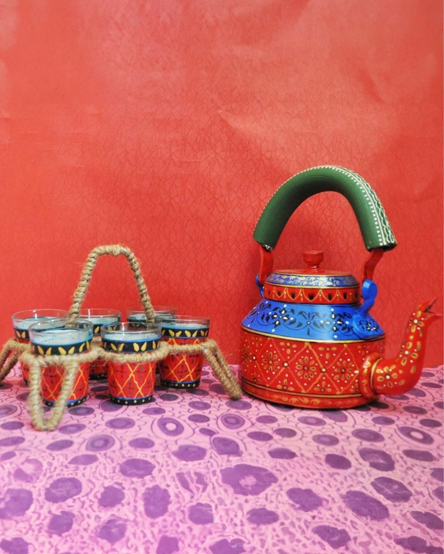 1761-Hand Painted Red colour Aluminium Tea Kettle With Jute Stands And 6 Glasses