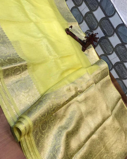 Stimulating Banarasi Silk Linen Yellow Handloom Saree