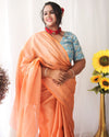 Pure Tissue Linen Hand Dyed Saree Peach Orange Color with running blouse-Indiehaat