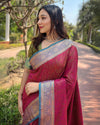 Indiehaat | Soft Kashmiri Silk Zari Woven Contrast Pink Saree