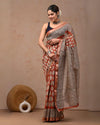 Indiehaat | Maheshwari Silk Saree Red Color Bagru Handblock Printed with Running Blouse (Silk by Silk)
