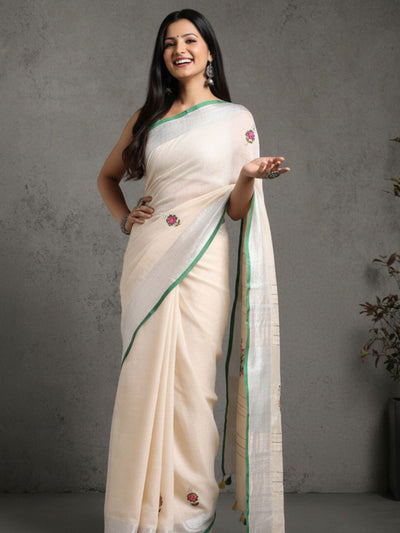 Beautiful Pure Linen Floral Embroidered Biege Saree