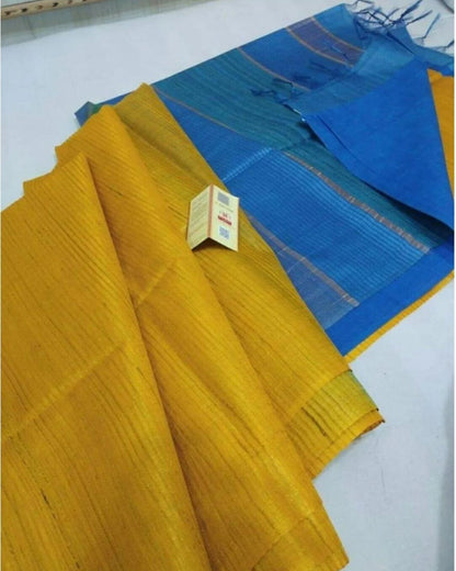5840-Silkmark Certified Eri Silk with Gichcha Tussar Stripes Hand Dyed Yellow Saree with Blouse