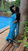 Handwoven Pure Linen Blue Plain Saree with Blouse-Indiehaat