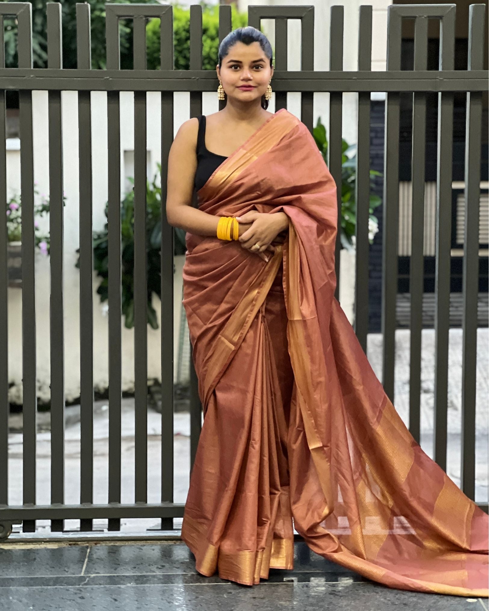 Handloom Jayashree Silk Saree Brown Color with Running Blouse-Indiehaat