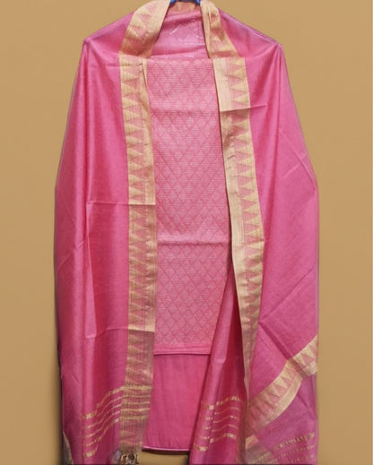 6647-Handcrafted Katan Silk Pink Suit Piece with Bottom and Dupatta