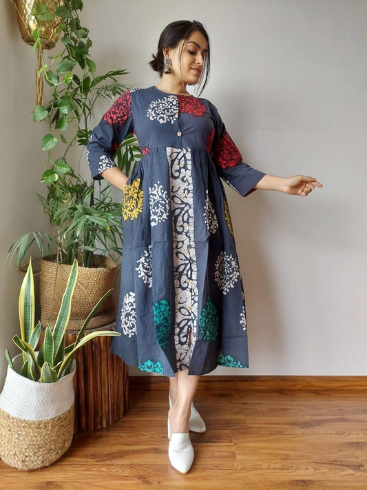 Indiehaat | Cotton Long One Piece Dress Blue Color Bagru Hand Printed Size 36 to 46
