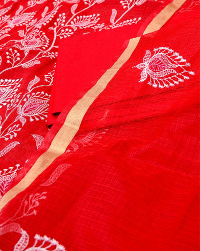 Indiehaat|Kota Doria Embroidered Maroon Suits(Top+Bottom+Dupatta)