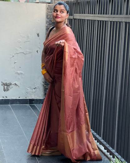 Handloom Jayashree Silk Saree Brown Color with Running Blouse-Indiehaat
