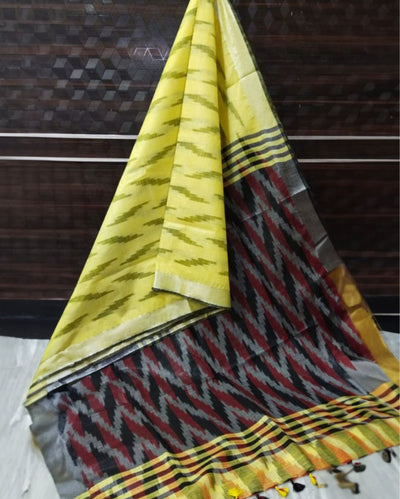 Classy Ikkat Slub Linen Handloom Yellow Saree