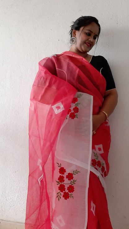 Kota Doria Saree Bandhej and Embroidery Work Red and White With Blouse Handcrafted-Indiehaat