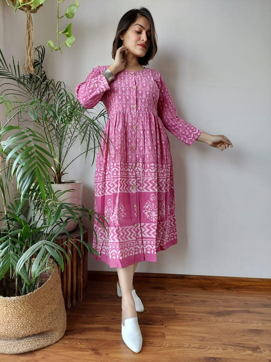 Indiehaat | Cotton Long One Piece Dress Rose Pink Color Bagru Hand Printed Size 36 to 46