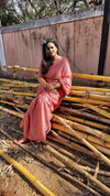 Katan Dupion Silk Weaving Design Handcrafted Saree Parrot Pink Colour with Running Blouse-Indiehaat