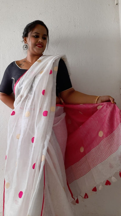 Pure Linen Jacquard Handloom White & Pink Saree