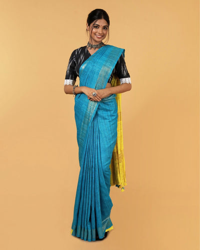 Silkmark Ghicha Tussar Incandescent Blue & Yellow Saree