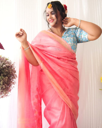 Ornamental Banarasi Silk Linen Pink Handloom Saree