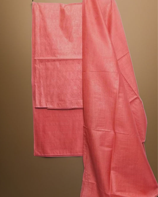 9100-Handcrafted Katan Silk Peach Suit Piece with Bottom and Dupatta