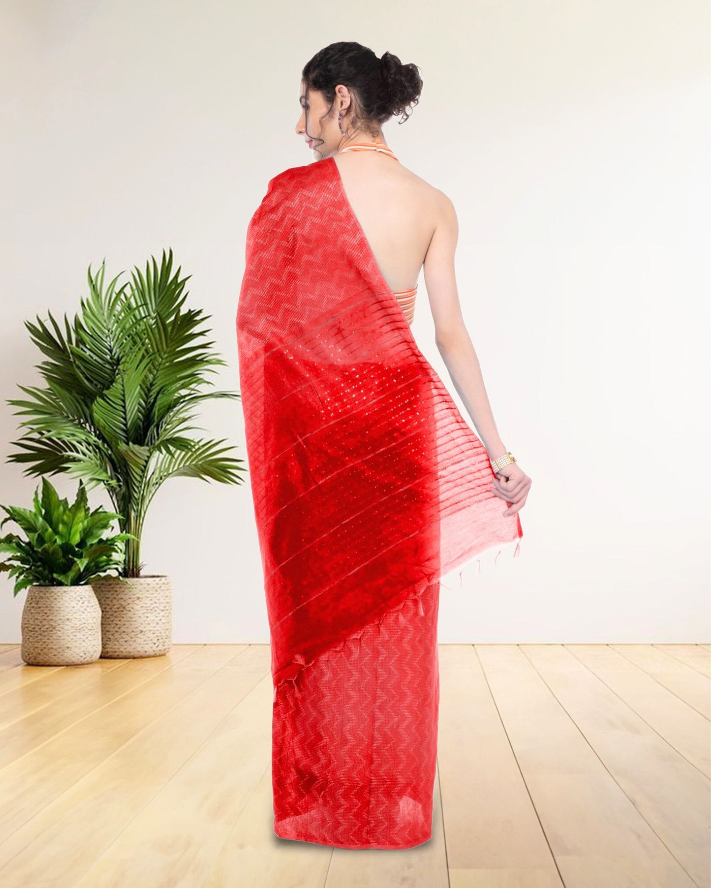 Kota Silk Red Saree Sequence Pallu & Zig-Zag Design