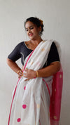 Pure Linen Jacquard Handloom White & Pink Saree