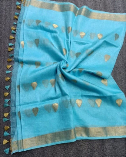 8445-Silk Linen Banrasi Brocade Weaving Handloom Blue Saree With Blouse