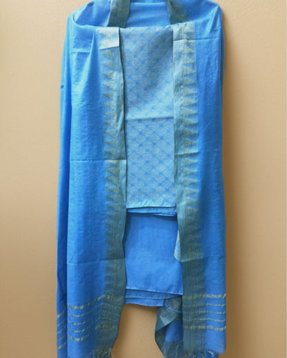 1393-Handcrafted Katan Silk Blue Suit Piece with Bottom and Dupatta
