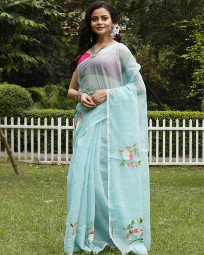Chic Kota Doria Cotton Bird Embroidery Blue Saree Handdyed