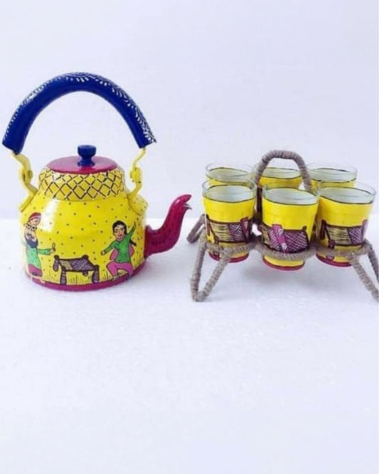 Cheerful Hand Painted Yellow Aluminium Tea Kettle Set
