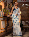 Indiehaat | Mul Cotton Printed Saree White & Blue