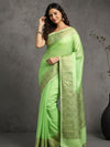 Silk Linen Banarasi Brocade Handloom Olivine Green Saree with Blouse-Indiehaat