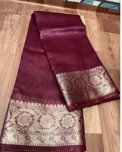 2358-Silk Linen Banarasi Brocade Handloom Cherrywine Colour Saree with Blouse